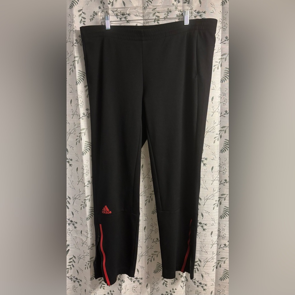 Adidas Black Track Pants with Red Logo and Ankle Zippers